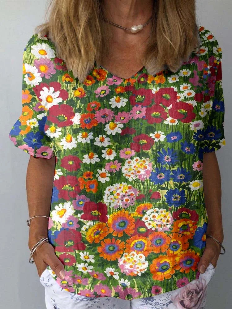 Women's Vintage Floral Print Cotton And Linen Top