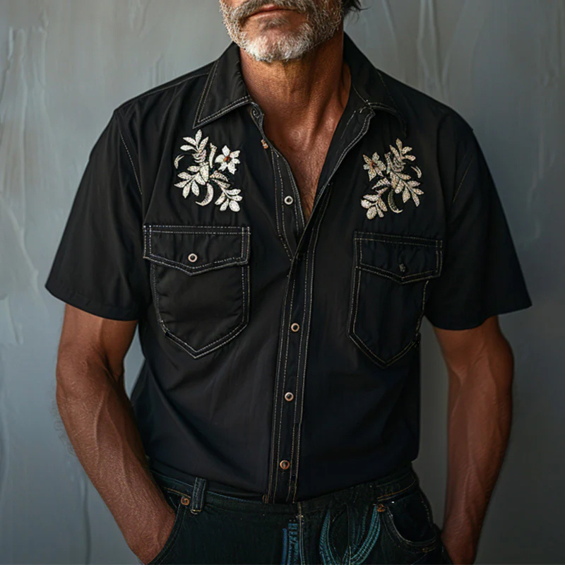 Men's Light Denim Embroidered Short Sleeve Shirt