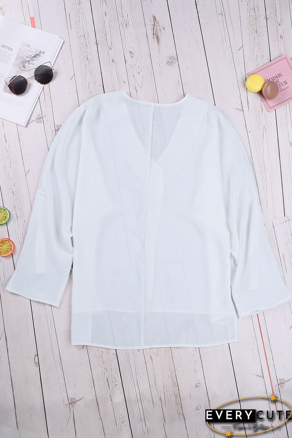 White V Neck 3/4 Sleeve High Low Hem Shirt