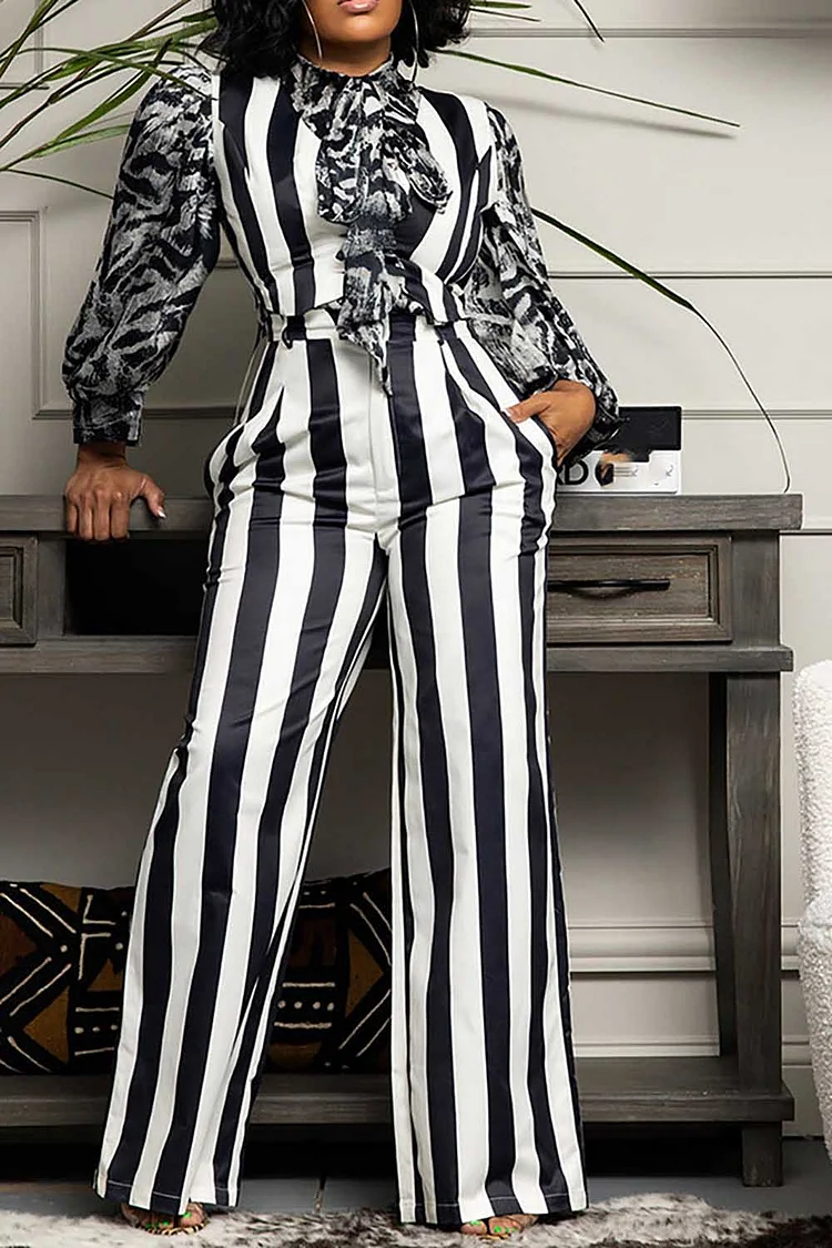Plus Size Business Casual Pant Set Black White Stripe Two Piece Pant Set With Pocket