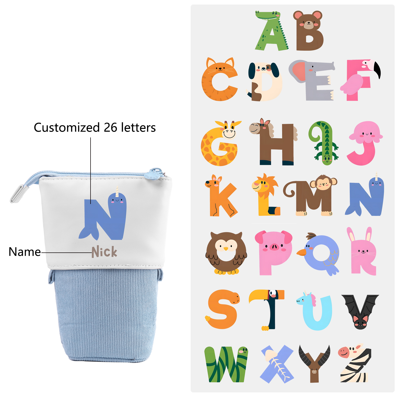 Personalised Pencil Case Custom Name & Letter Animals Pen Pouch Back To School Gift for Kids-Jessemade AU