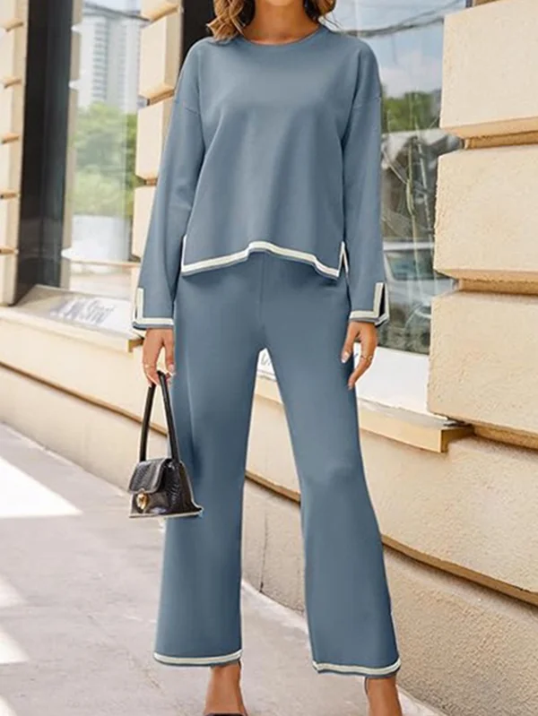 Split-Side High-Low Long Sleeves Contrast Color Round-Neck Sweater Top + Pants Bottom Two Pieces Set