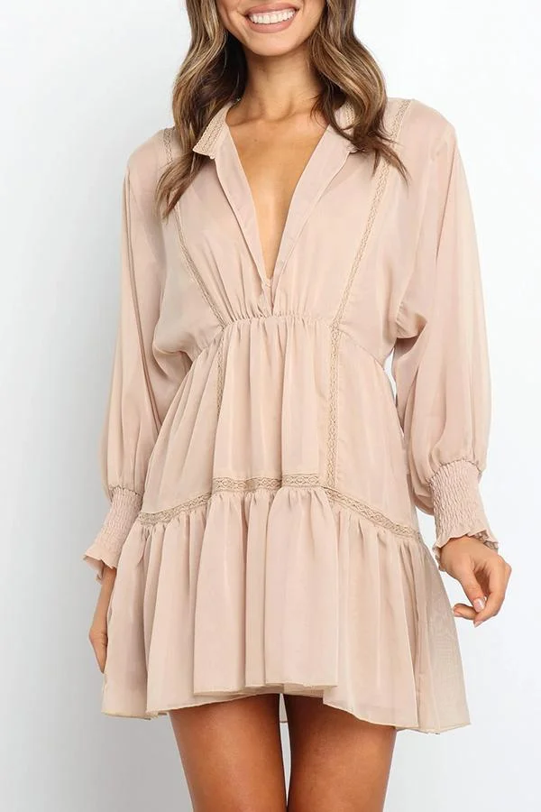 Womens Long Sleeve Deep V Neck Chiffon Dress-Allyzone-Allyzone