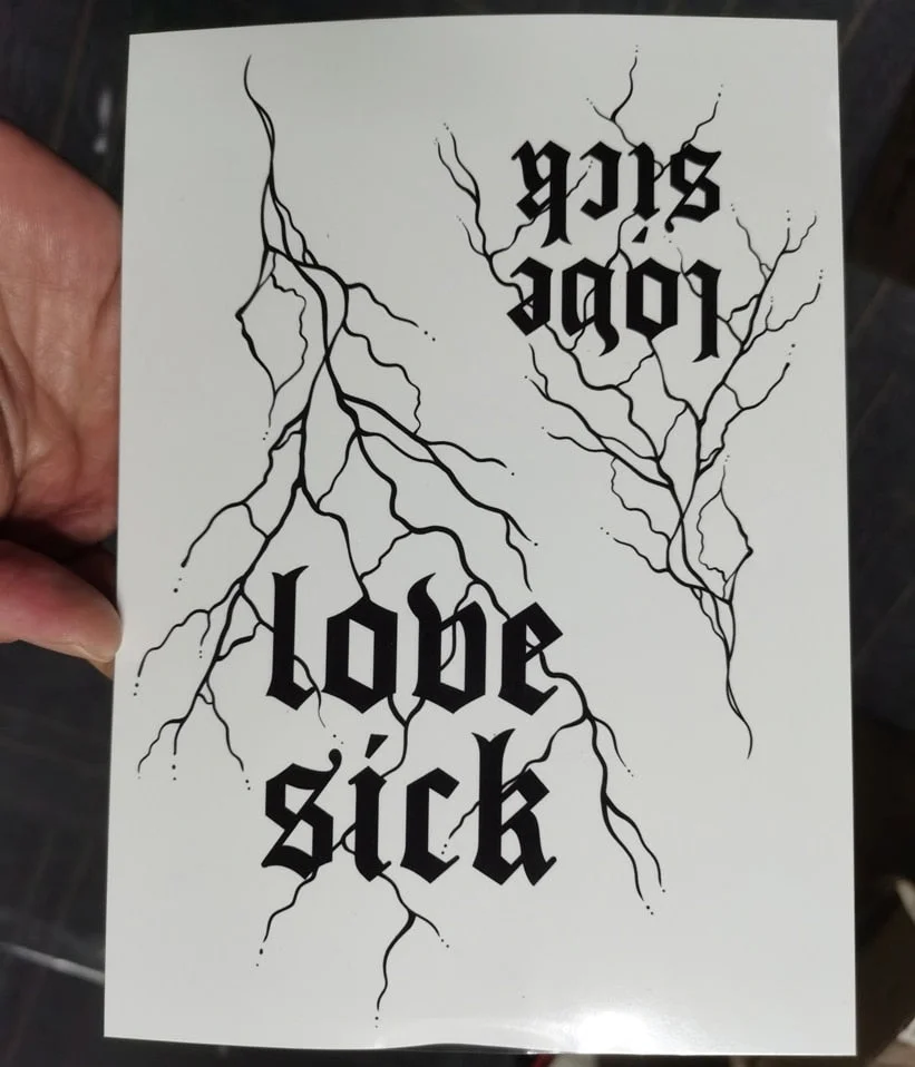 Waterproof Temporary Tattoo Sticker Sexy Thigh Love Sick English Words Gothic Water Transfer Fake Tatto Flash Tatoo for Women