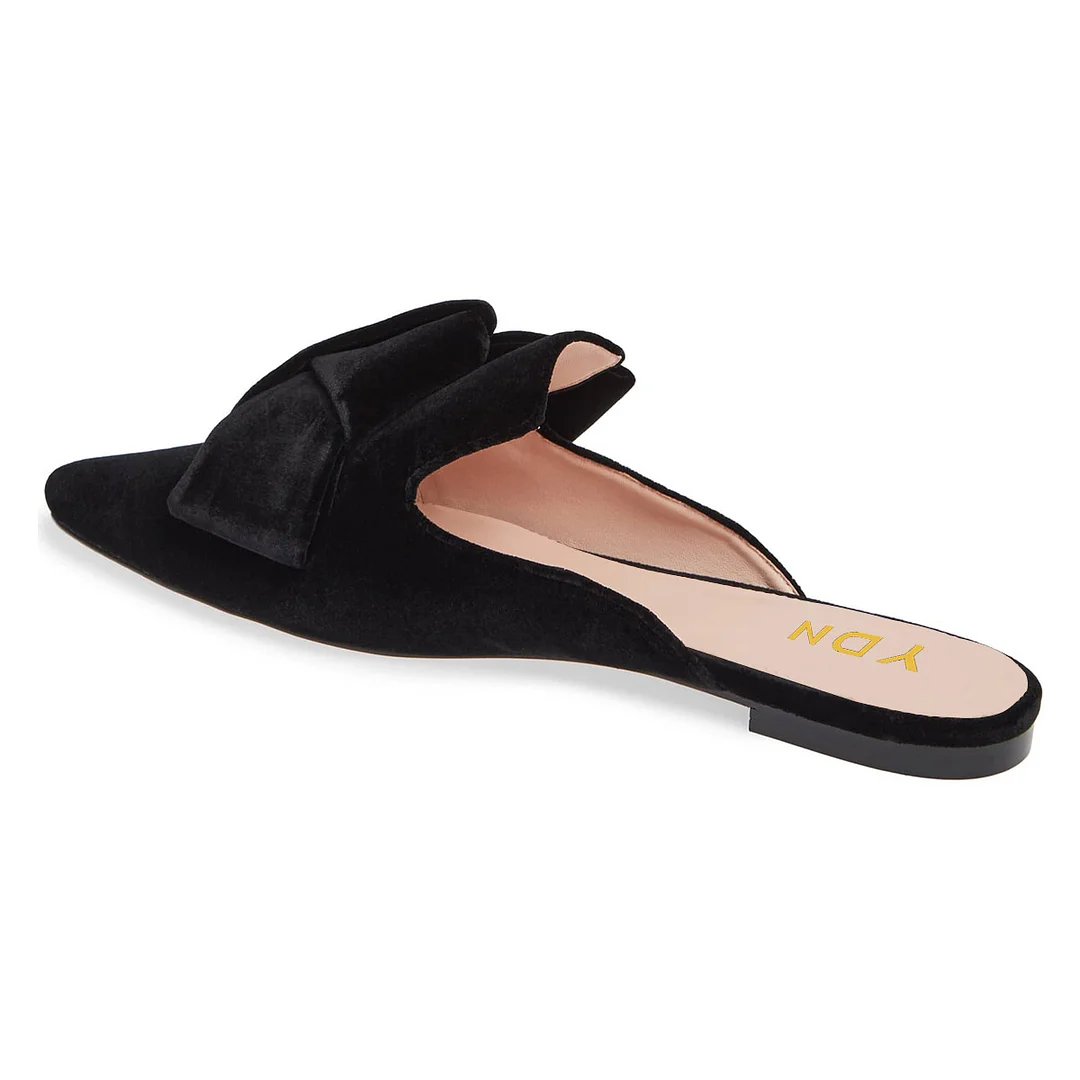 Women's Black Velvet Knot Accent Pointed Toe Flat Mules Shoes