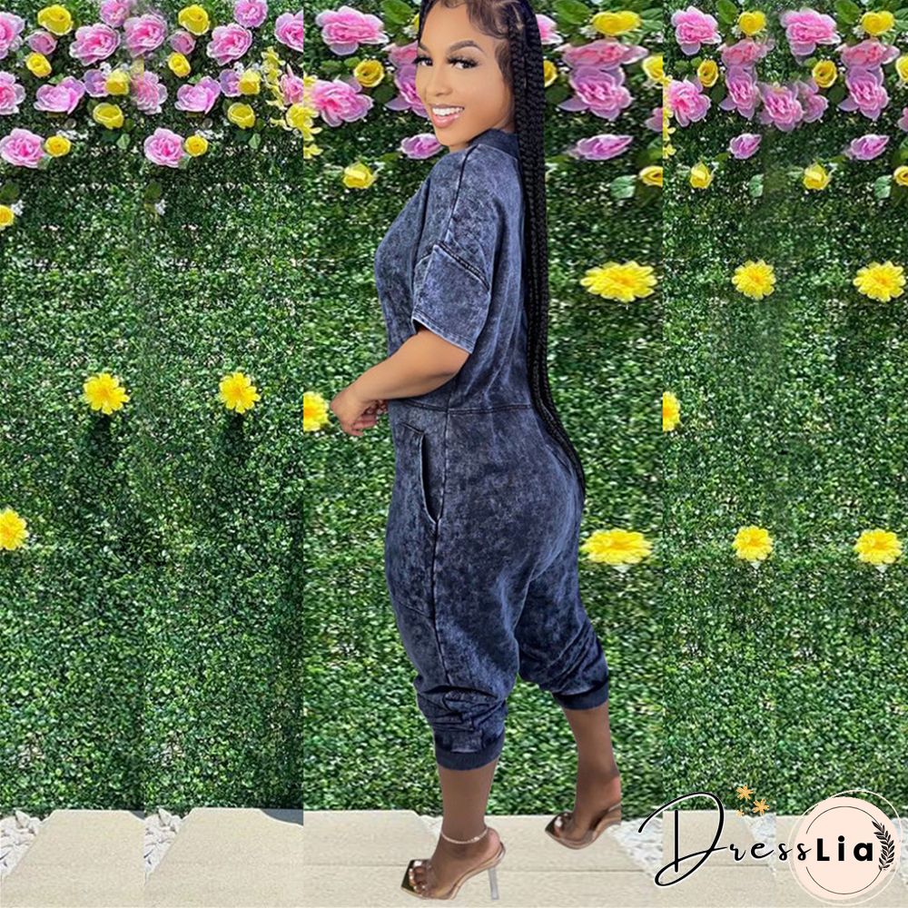 Loose Short Sleeve V Neck Long Harem Jumpsuits