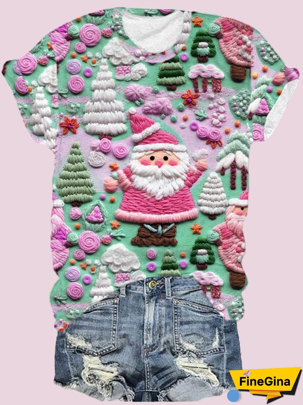 Women's Pink Santa Print Short Sleeve T-Shirt