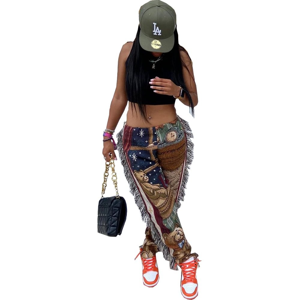Urban Leisure Women's Fashion Cartoon Printed Tassel Casual Pants