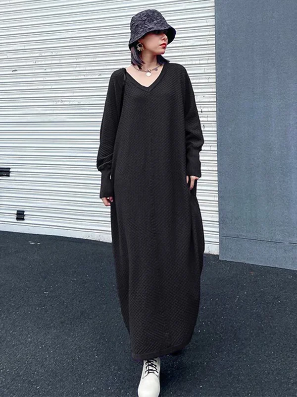 Casual Batwing Sleeves Pure Color V-Neck Midi Dresses Sweater Dresses