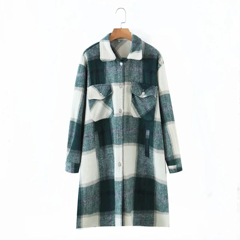 Stylish Women Khaki Plaid Long Woolen Jacket Female Fashion Turn-down Collar Coat Girls Chic Outerwear