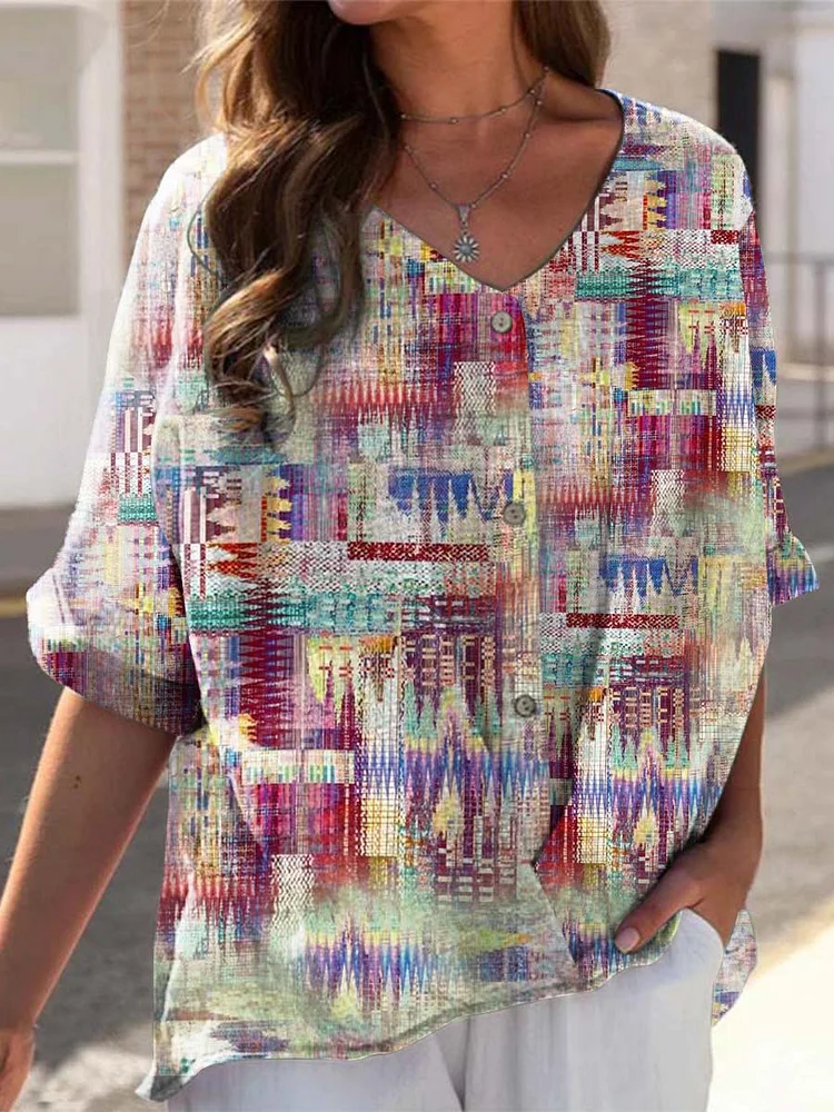 Women's Ethnic Print Casual Linen V-neck Shirt