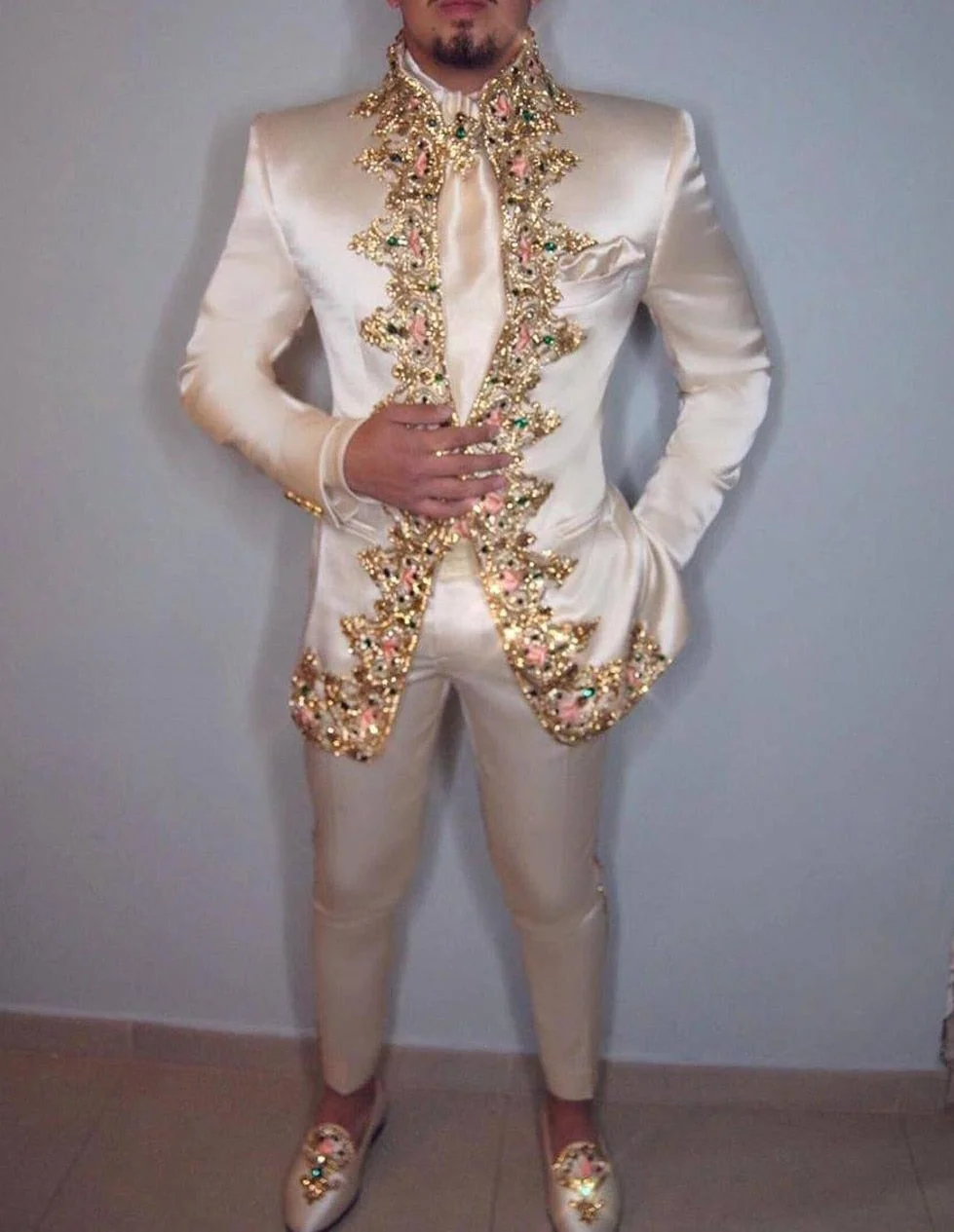 Inongge  Suit Two Piece (Jacket+Pants+Belt) Italian Stand Collar Slim Fit Wedding Suit for Men Custom Made Embroidery Suit