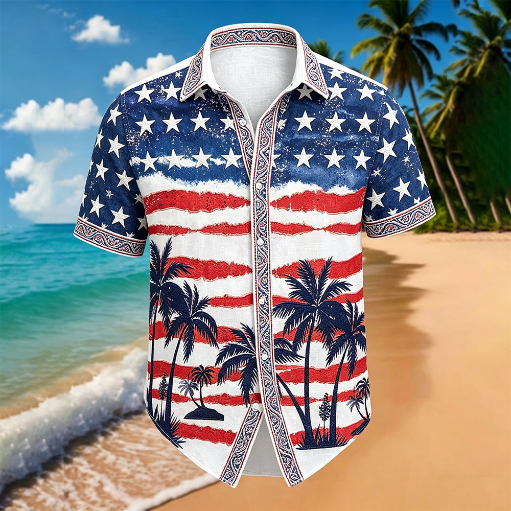  Men's American Flag With Palm Trees Art Pattern Linen Shirt Westsshops