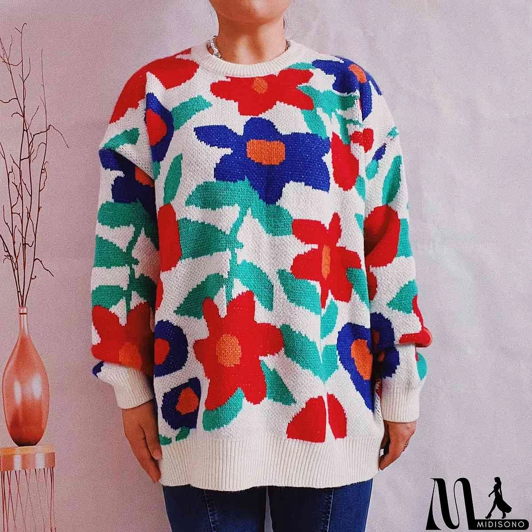 MidiSono - Floral Print Round Neck Drop Shoulder Sweater