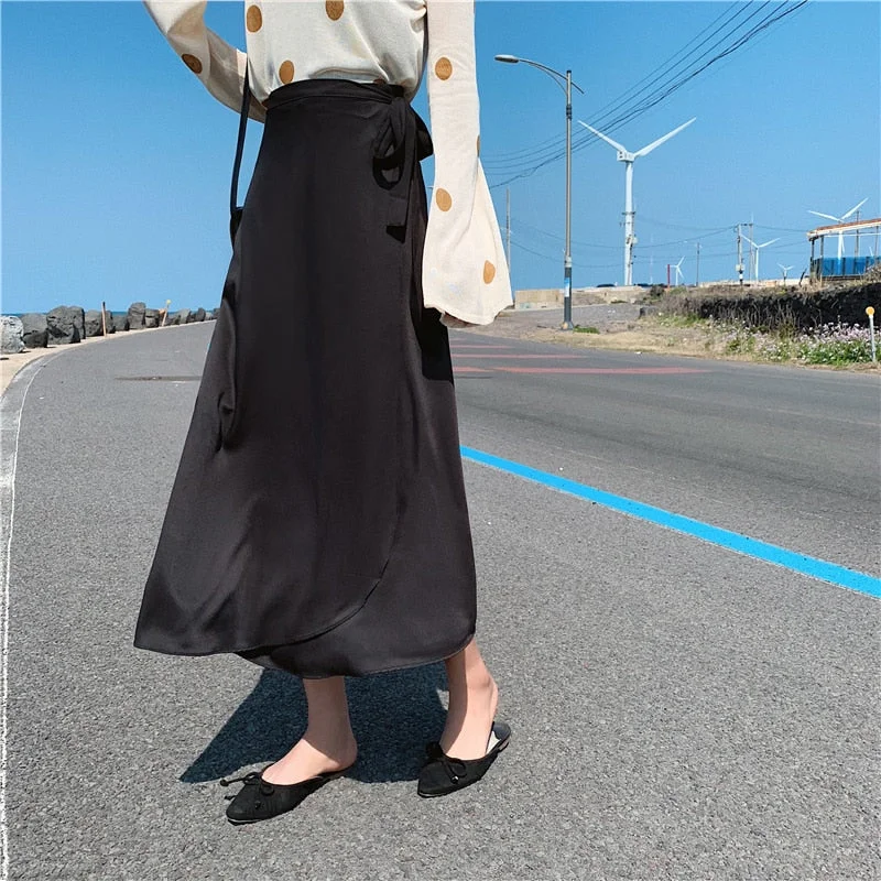 Hirsionsan One Piece Skirts Women 2020 New Spring High Waist Soft Ladies Long Skirt Korean Vintage Lace Up Soft Sexy Skirt