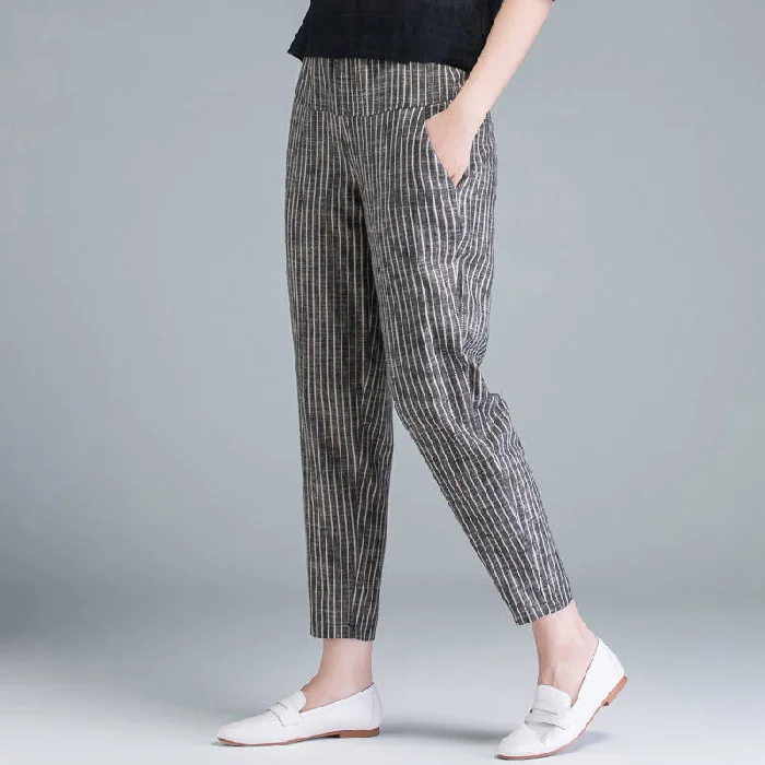 VChics Women's Stripes Pocket Cotton Linen Comfy Pants
