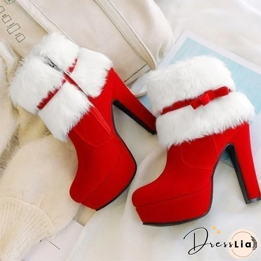 Brand New Women Winter Boots High-heeled Ankle Boots Suede Fur Booties For Casual/Party/Christmas Dress Black Red Colors