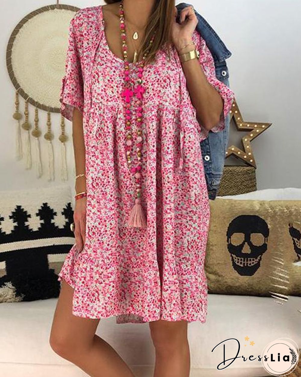 Casual Floral Printed Crew Neck Short Sleeve Plus Size Dress
