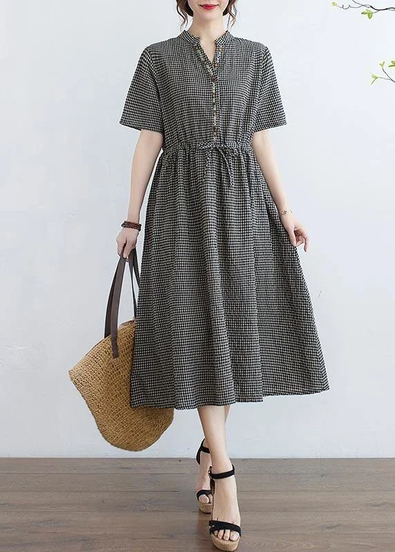 Elegant Black Plaid tie waist Cotton Linen Dress Summer