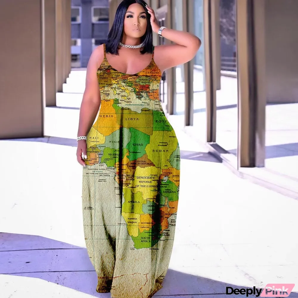 Sexy Suspender Loose Print Plus Size Dress