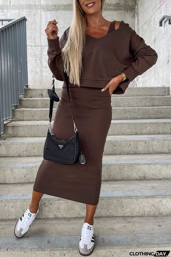 Around The World Hooded Sweatshirt and Slip Maxi Skirt Two Piece Set