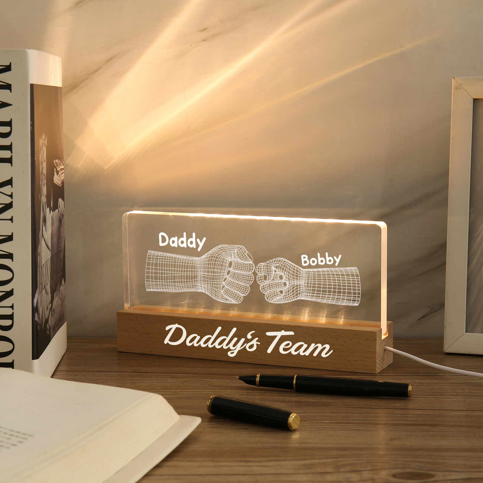 2 Names Personalised Fist Bump Pattern Night Light Custom Text LED Light Father's Day Gift for Dad