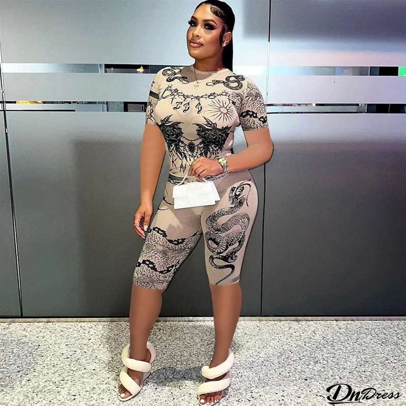 Women's Popular Print Mesh Short-Sleeved Top Shorts Two Piece Set