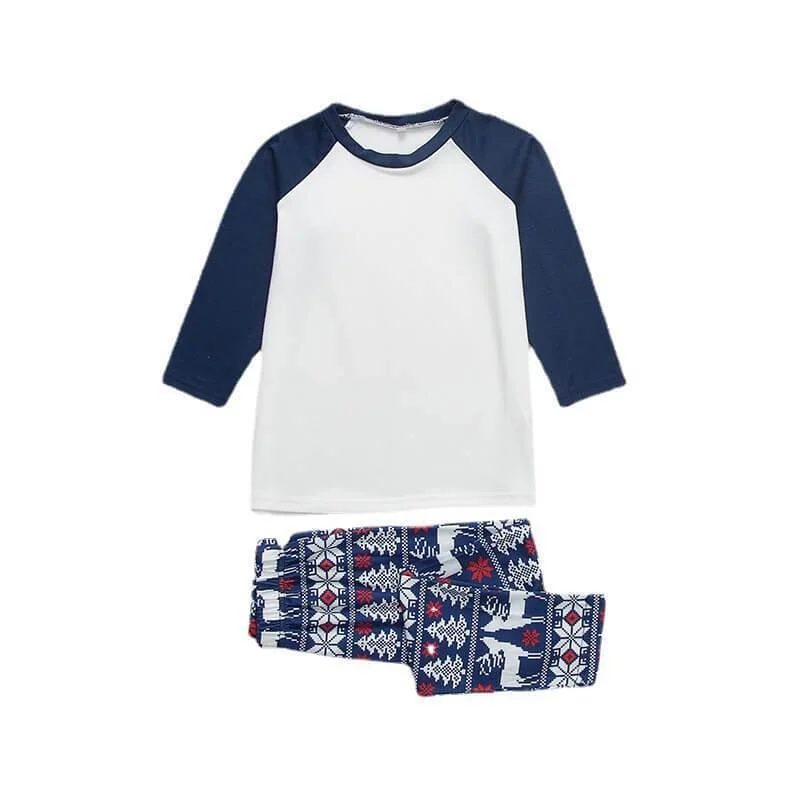 Merry Christmas Blue&White Long Sleeve Top and Pants With Christmas Trees Elk and Snow Print Family Matching Pajamas