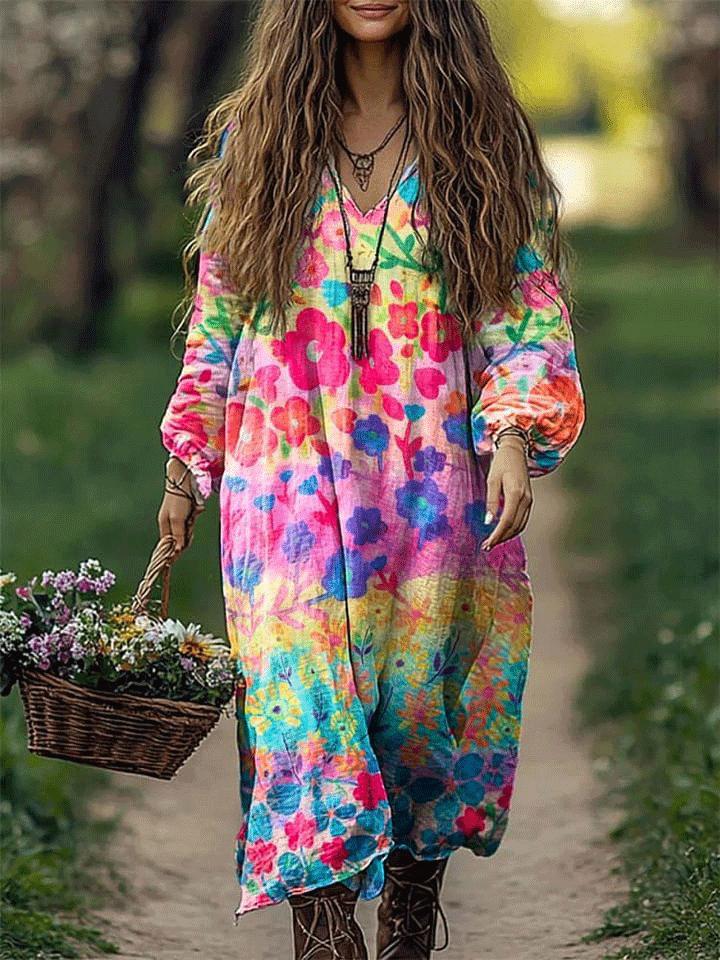 Women's Colorful Flowers Print Loose V Neck Pocket Cotton Dress