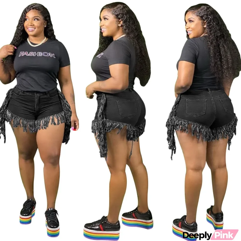 Fashion sexy Bodycon fringed plus size denim straight shorts