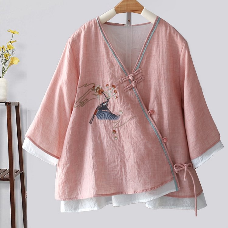 Vintage Bird Embroidery Buckle Linen Shirt - Modakawa Modakawa