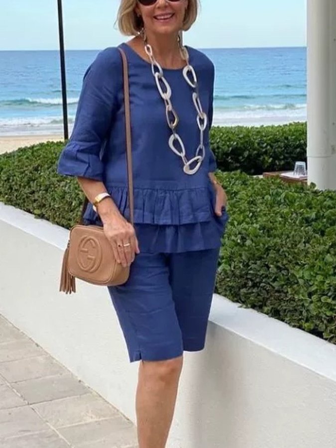 Women's Round nNeck Ruffle Solid Top Shorts Set