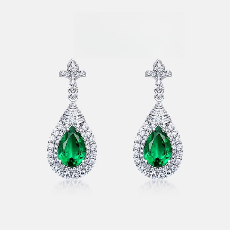  Laboratory Grown Emerald Women's Earrings S925 Silver Plated 18K Gold PT950 Platinum, Retro and Noble