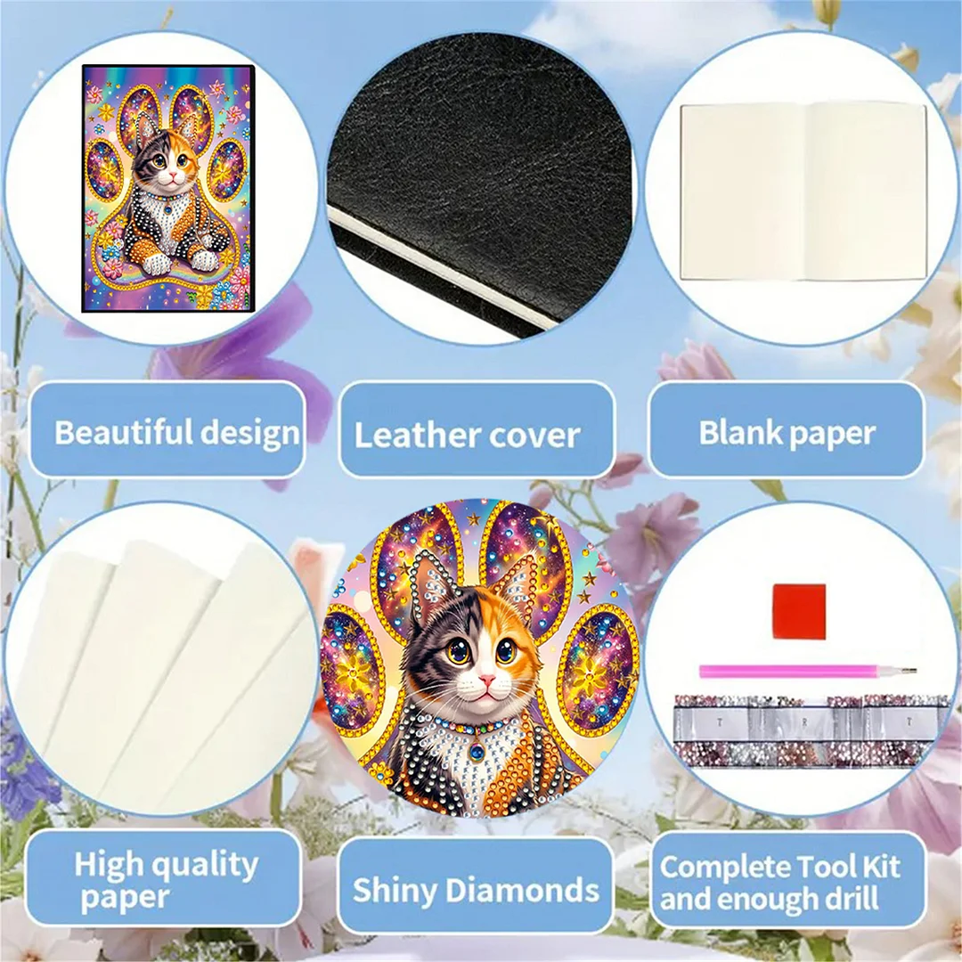 DIY Flower Diamond Painting Journals Notebooks 50 Pages A5 No Lines Special Shaped Diamond Art Kits for Beginners Craft Lovers and Artists (Cat)