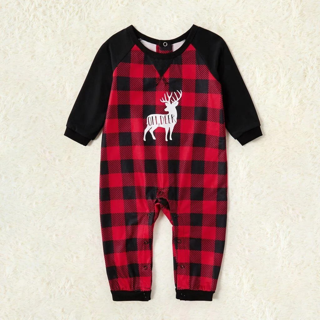 Christmas Deer Print Plaid Design Family Matching Pajamas Set