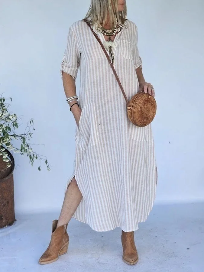 Women's Casual Vintage Striped Shirt Dress