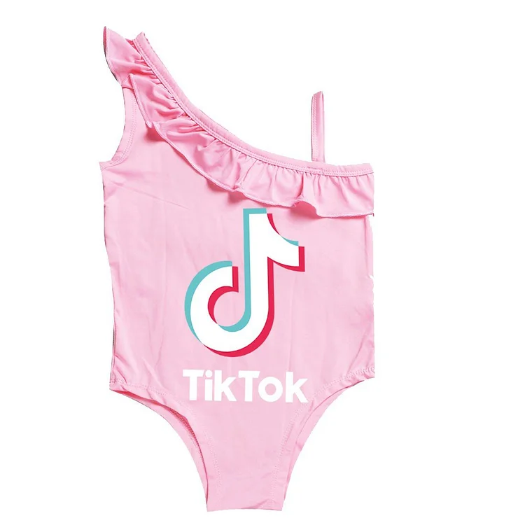 Mayoulove Girls Tik Tok Print One Piece Ruffle Shoulder Swimsuit Bathing Suit-Mayoulove
