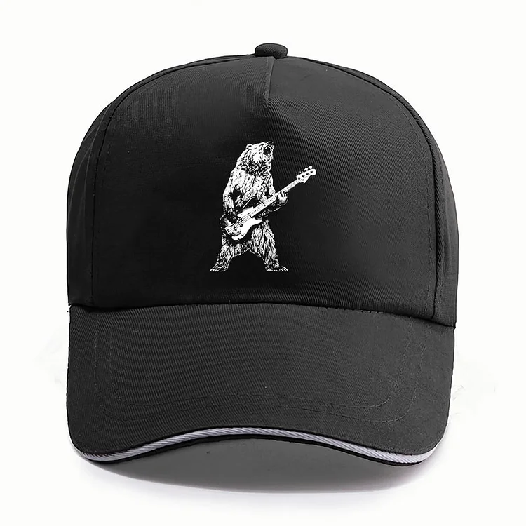 Retro Bear Playing Bass Guitar Caps Hat Funny Guitarist Music Lovers Baseball Cap
