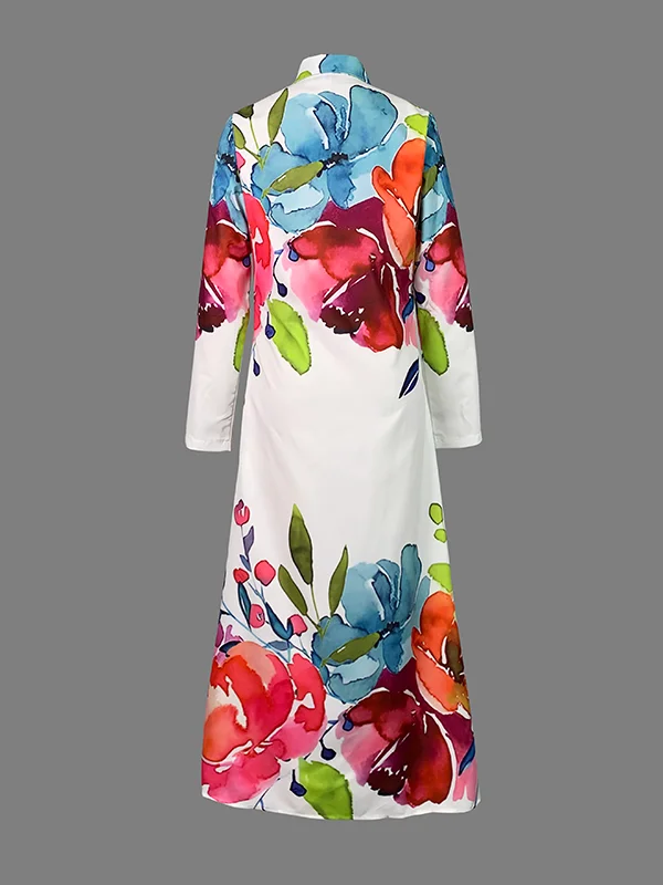 Loose Short Sleeves Buttoned Floral Printed Lapel Collar Midi Dresses