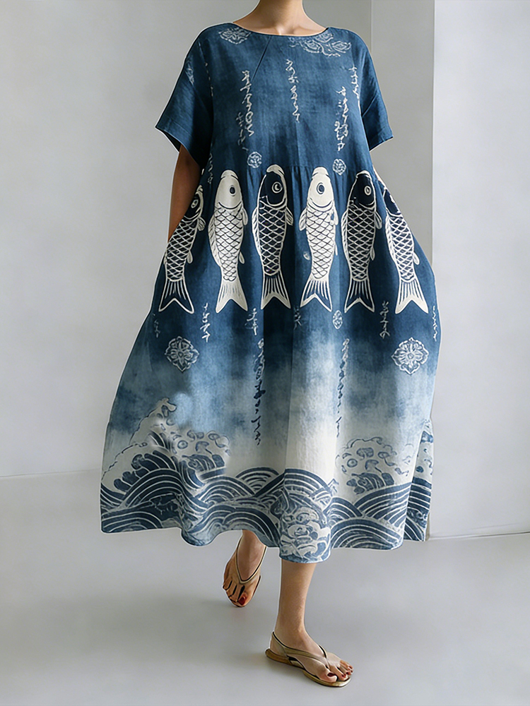 Women's Japanese Wave And Koi Shibori Loose Linen Dress wearshes