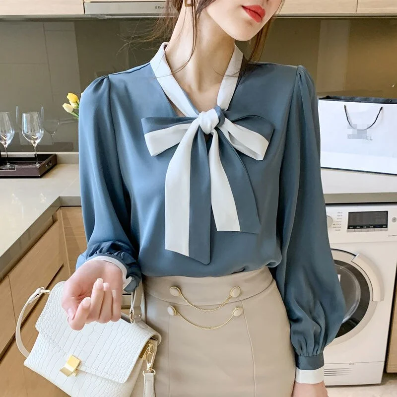 Jangj Bow Black and White Contrast Color Professional OL Blouse Women's Long-sleeved 2022 Spring Autumn Design Chiffon Shirt