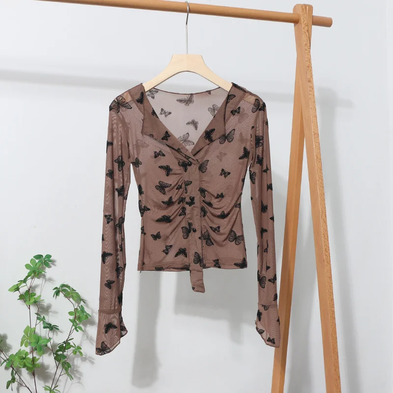 Uveng Pink V-Neck Velvet Bow Single Buckle Buckle Coat On The Head Short Long-Sleeved Mesh T-Shirt 8900