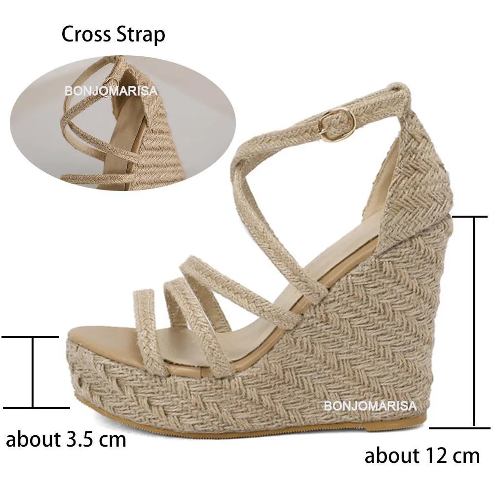 yyvonne High Heel Sandals For Women Cross Strap Fashion Platform Sandals Shoes Summer Narrow Band High Heeled Straw Espadrille