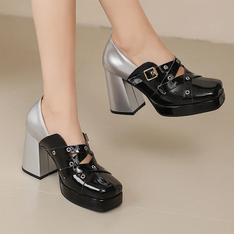 Cross Strap Buckle Color Block Square Toe Chunky Heels