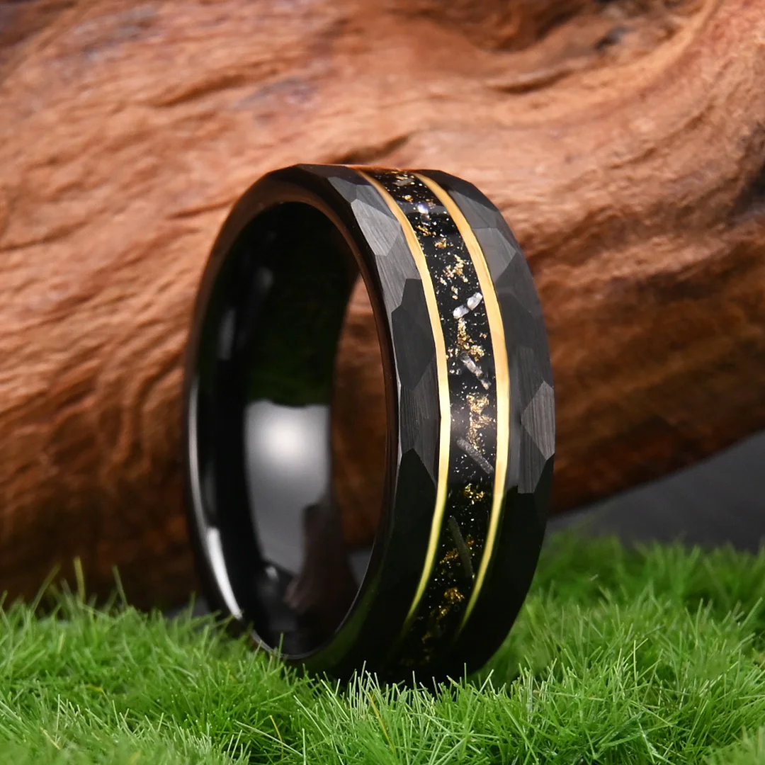 8MM Opel Men Tungsten Carbide Rings Fragments of Gold Foil and Meteorite Wedding Bands