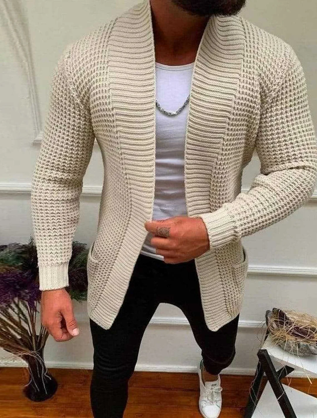 Mongw Mongw Men's Fashion Men's Casual Long Sleeve Lapel Knit Sweater Men's Coat