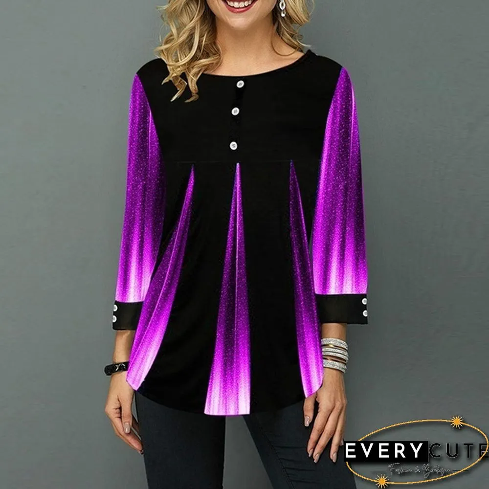 Loose Casual Womens Fashion Trend Autumn Long Sleeve Round-neck Button Shirt