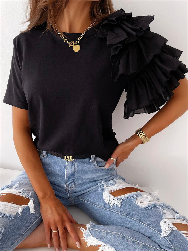 Summer Simple Fashion Ruffle Short-sleeved Round Neck Women's T-shirt | 168DEAL