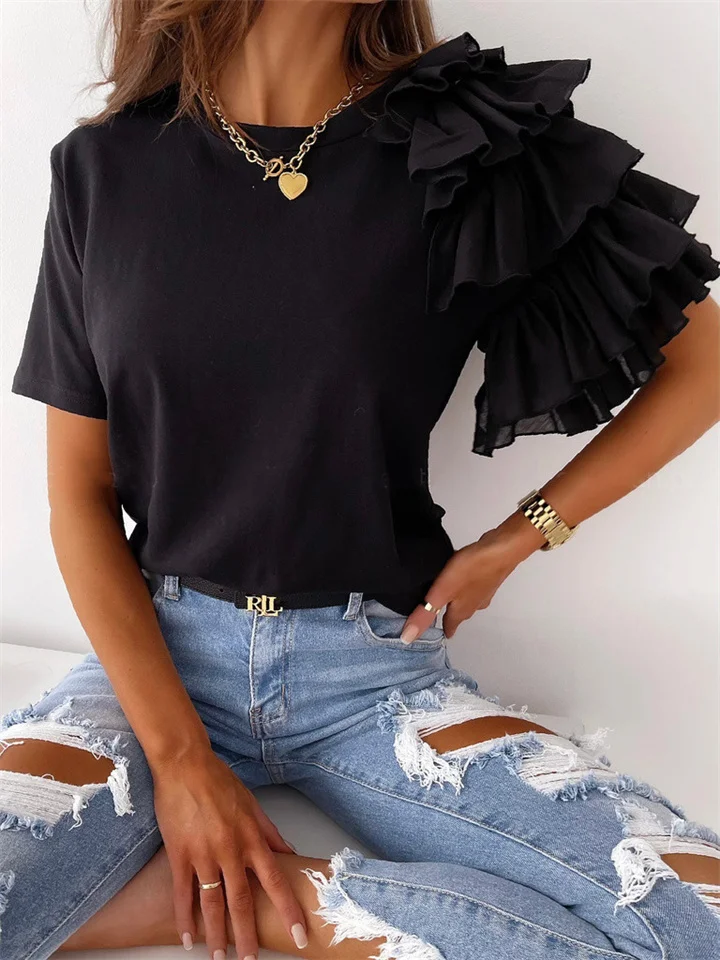 Summer Simple Fashion Ruffle Short-sleeved Round Neck Women's T-shirt-Cosfine