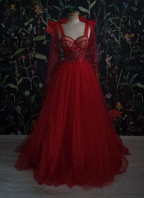 Red Prom Dress Tulle Evening Gowns C1240